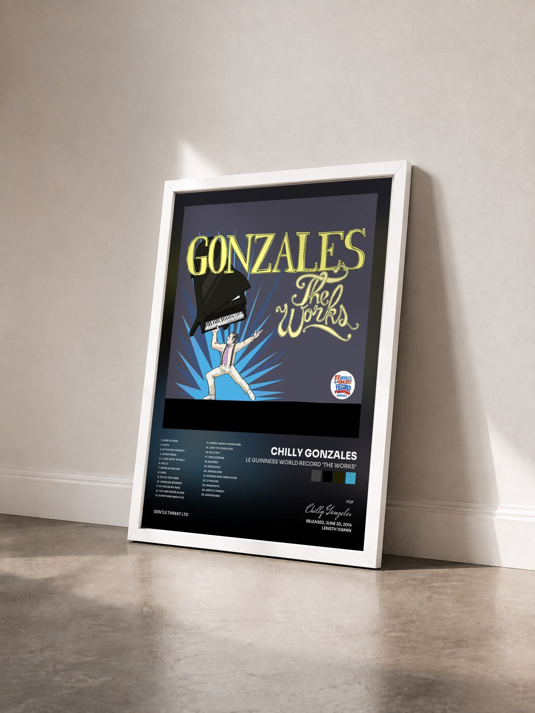 #blanc Tableau de l'album Le Guinness World Record 'the Works' de Chilly Gonzales vu de trois quarts, cadre blanc