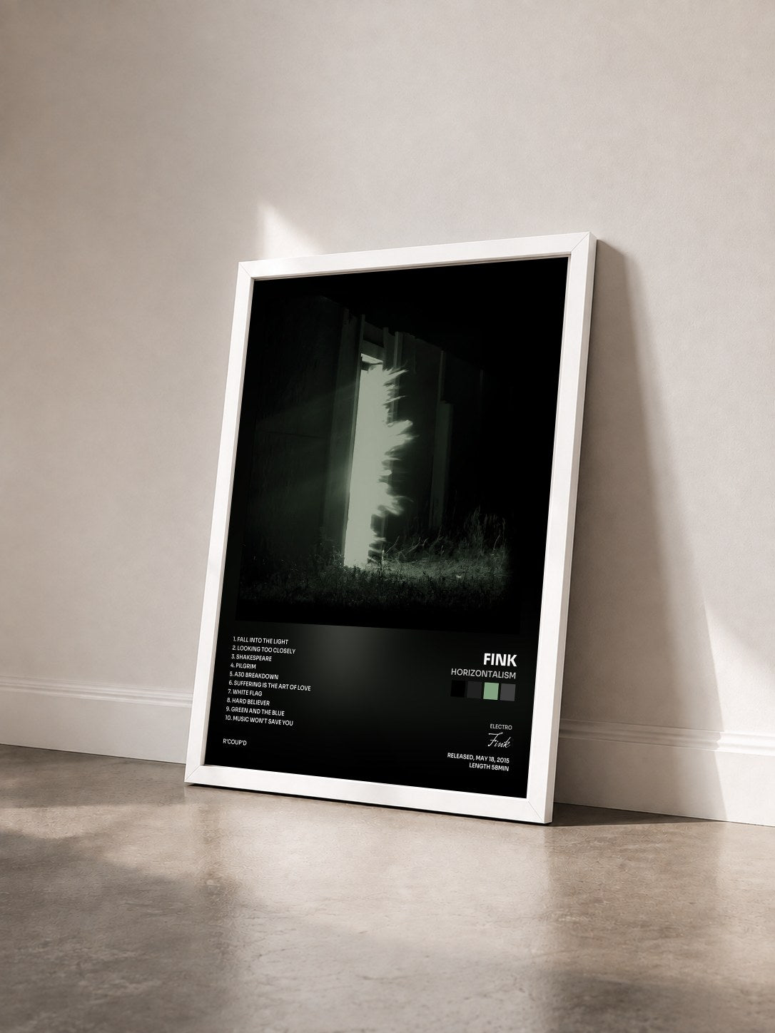 #blanc Tableau de l'album Horizontalism de Fink vu de trois quarts, cadre blanc