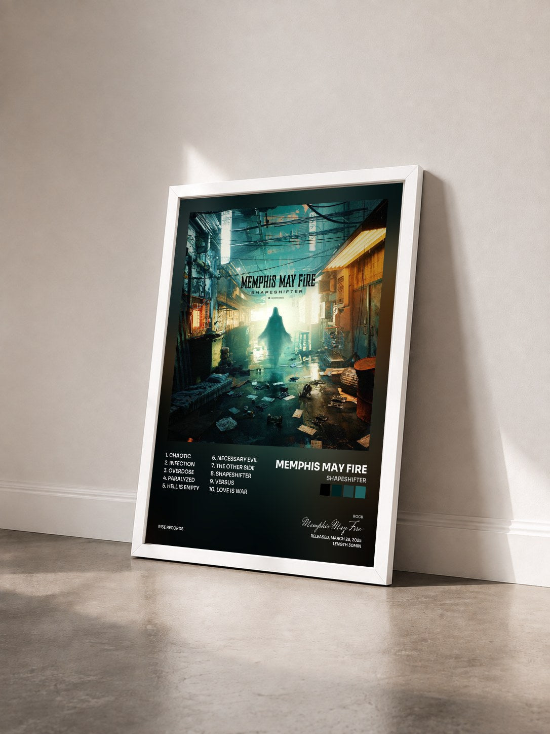 #blanc Tableau de l'album Shapeshifter de Memphis May Fire vu de trois quarts, cadre blanc