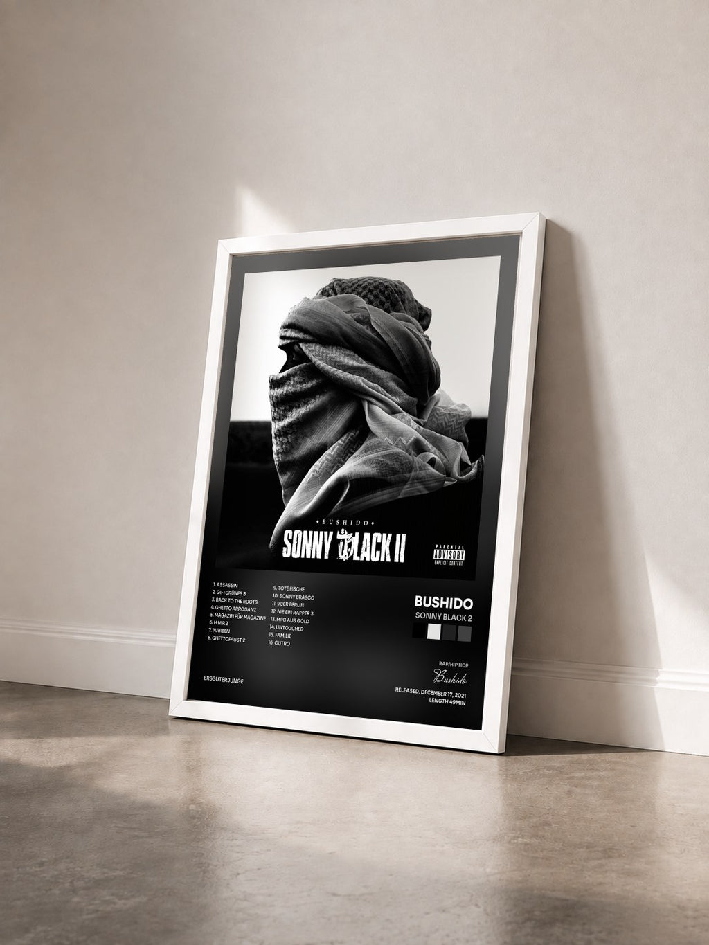 #blanc Tableau de l'album Sonny Black 2 de Bushido vu de trois quarts, cadre blanc