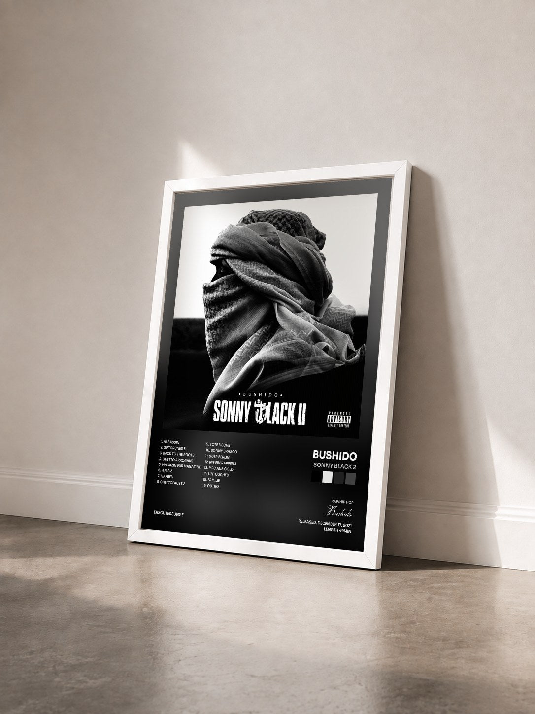 #blanc Tableau de l'album Sonny Black 2 de Bushido vu de trois quarts, cadre blanc