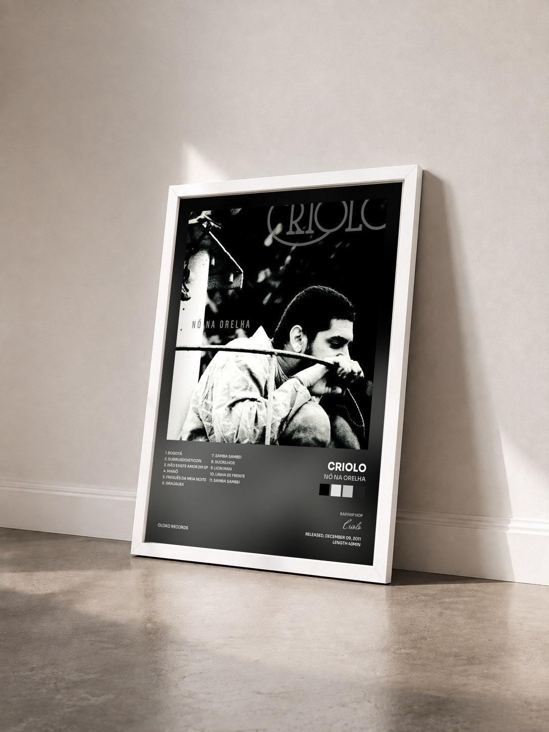 #blanc Tableau de l'album Nó na Orelha de Criolo vu de trois quarts, cadre blanc