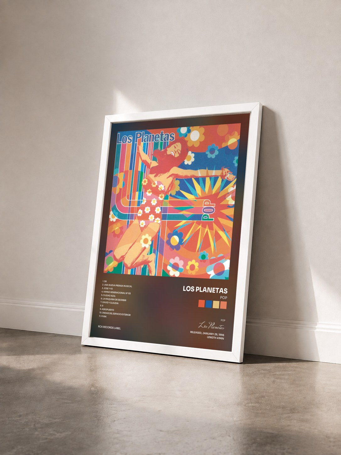 #blanc Tableau de l'album Pop de Los Planetas vu de trois quarts, cadre blanc