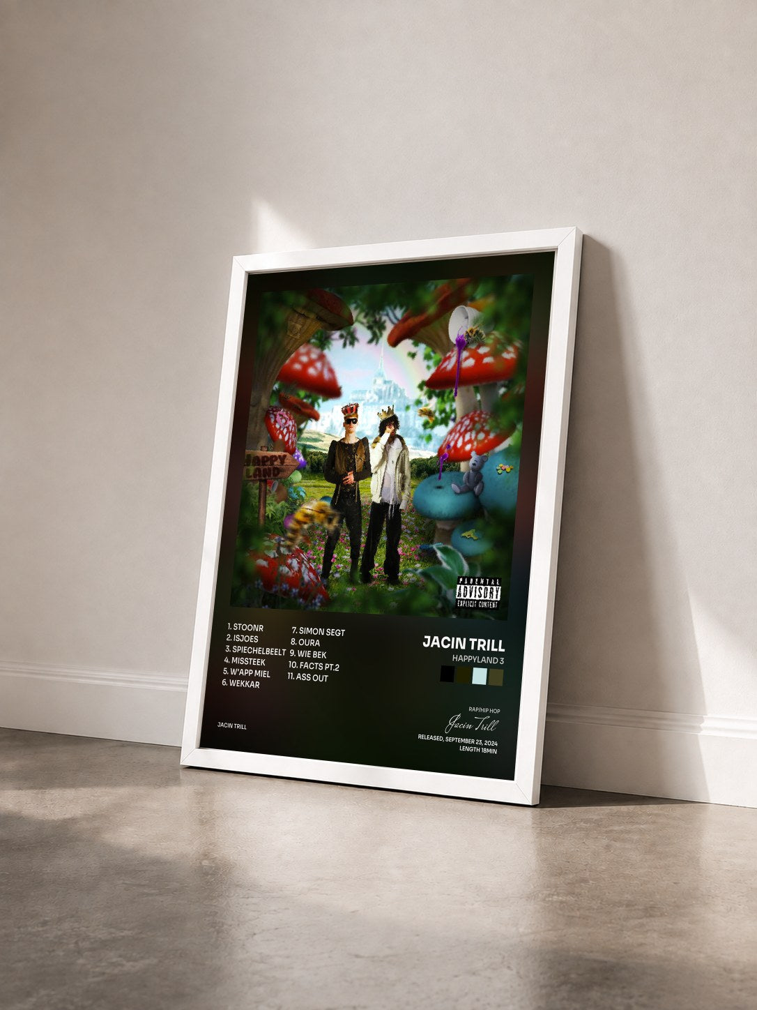 #blanc Tableau de l'album Happyland 3 de Jacin Trill vu de trois quarts, cadre blanc