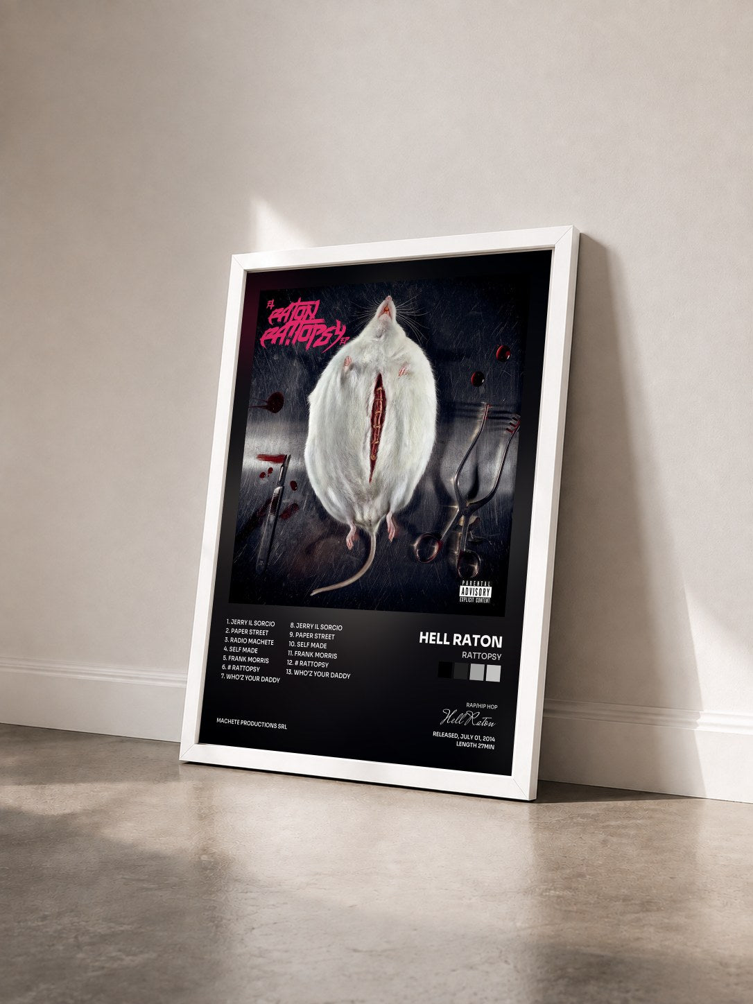 #blanc Tableau de l'album Rattopsy de Hell Raton vu de trois quarts, cadre blanc