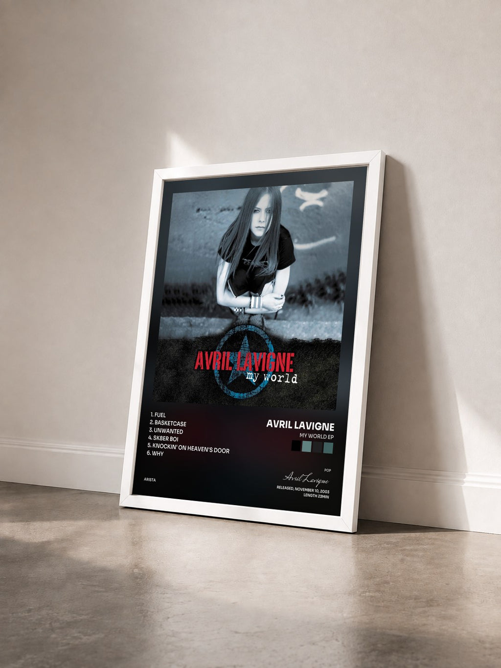 #blanc My World EP by Avril Lavigne as a framed art print seen at an angle, white frame