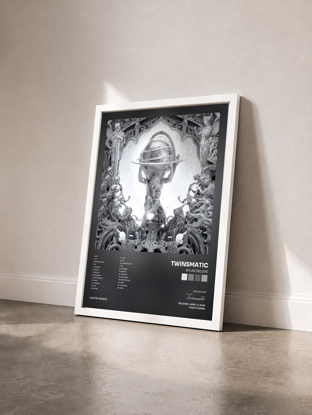 #blanc Tableau de l'album ATLAS DELUXE de Twinsmatic vu de trois quarts, cadre blanc