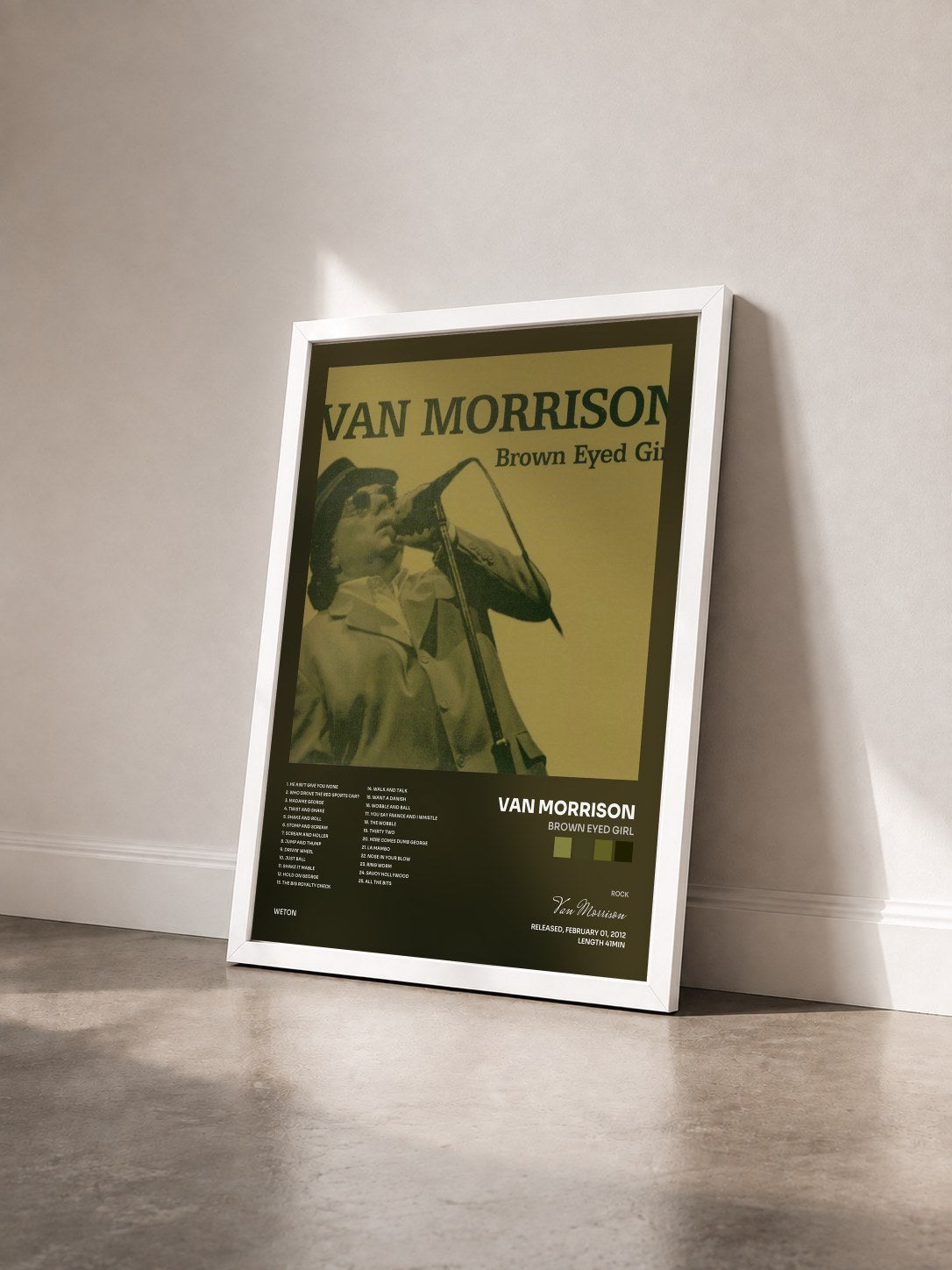 #blanc Tableau de l'album Brown Eyed Girl de Van Morrison vu de trois quarts, cadre blanc