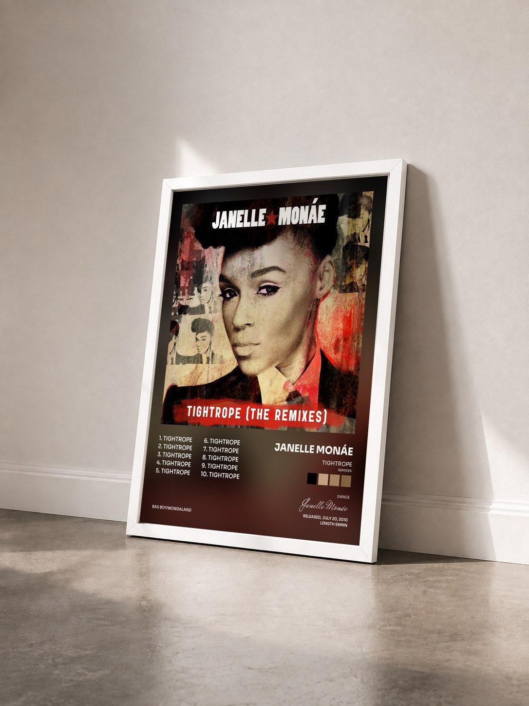 #blanc Tableau de l'album Tightrope (Remixes) de Janelle Monáe vu de trois quarts, cadre blanc