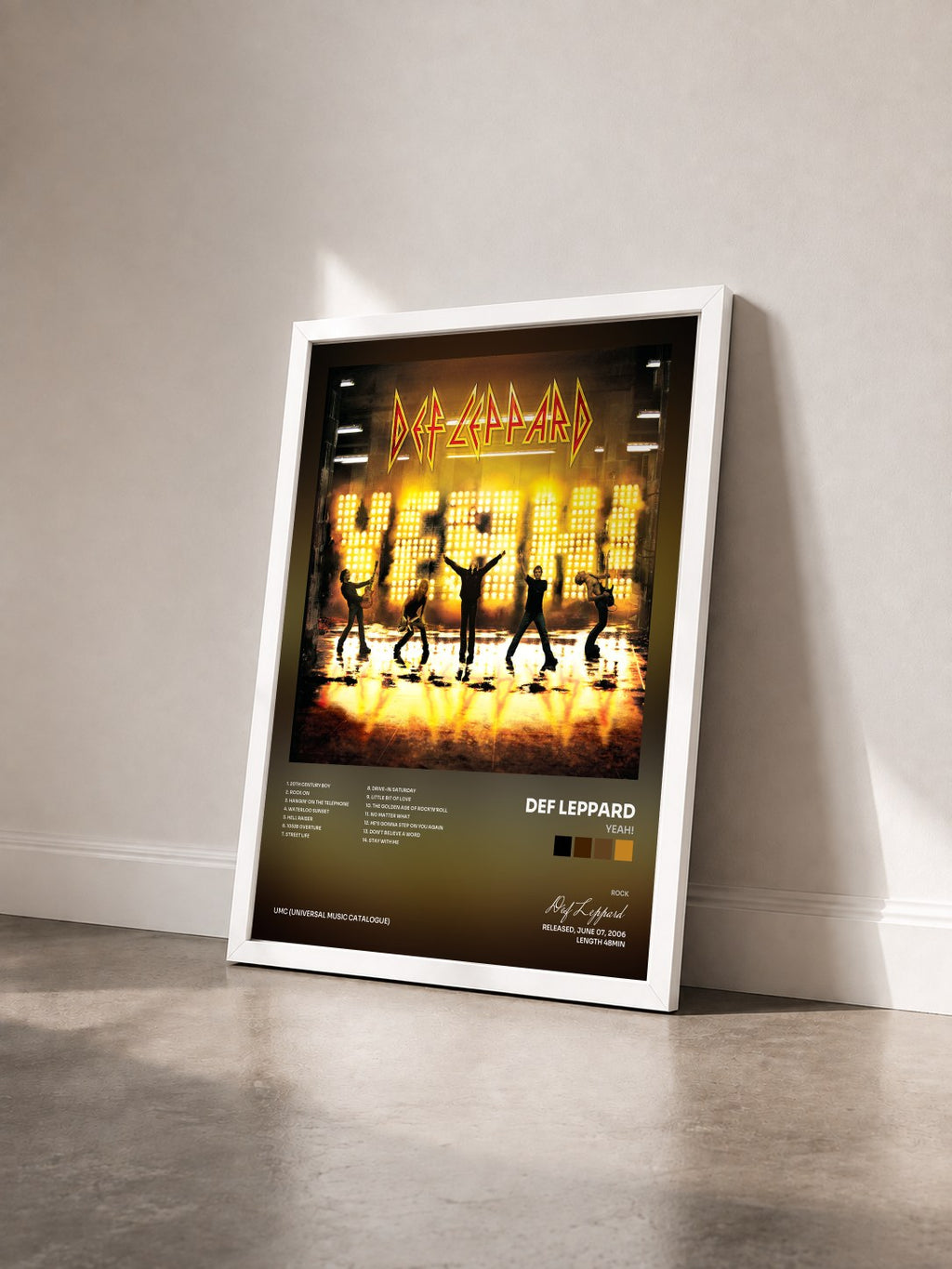 #blanc Tableau de l'album Yeah! de Def Leppard vu de trois quarts, cadre blanc