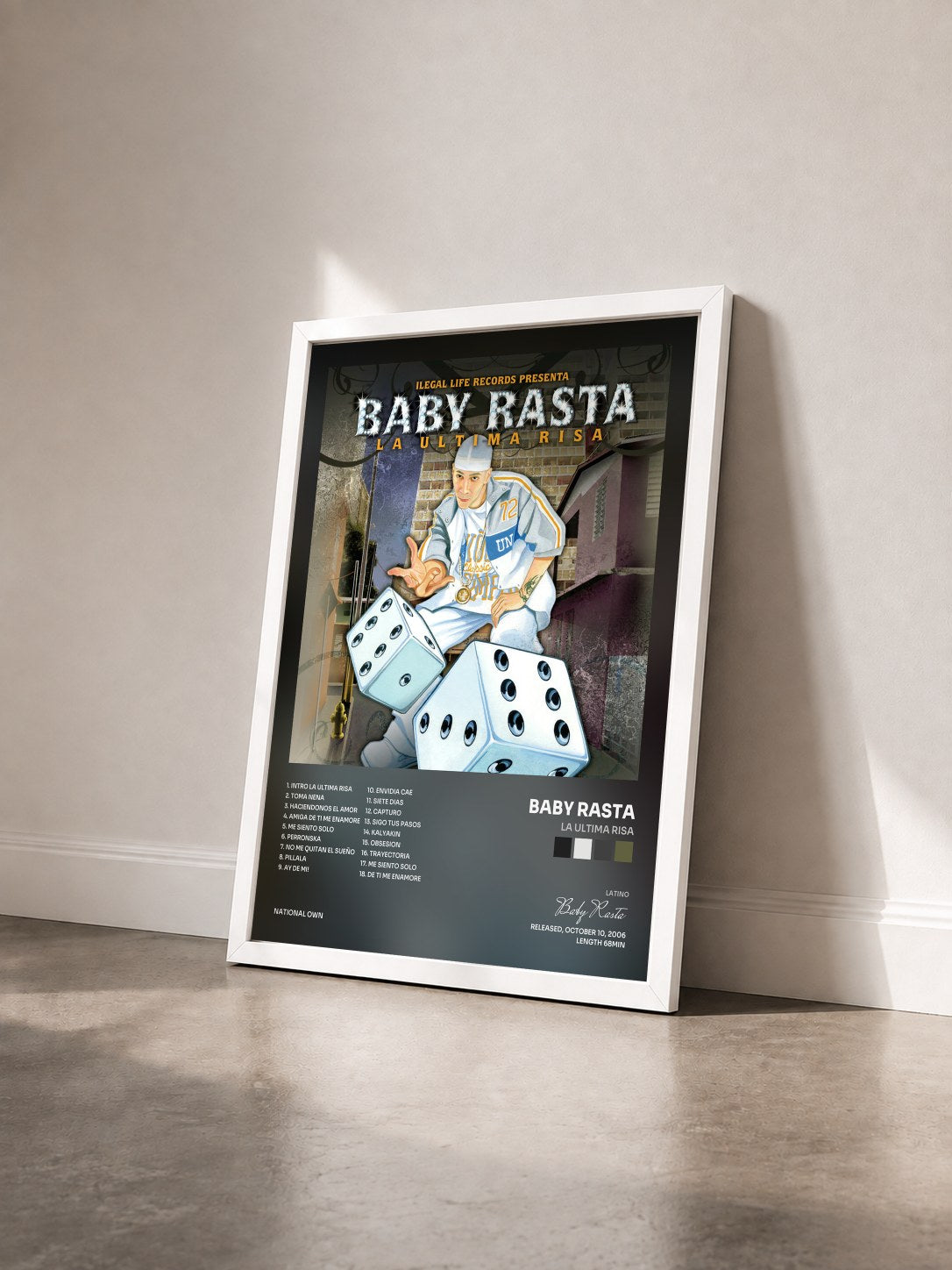 #blanc Tableau de l'album La Ultima Risa de Baby Rasta vu de trois quarts, cadre blanc
