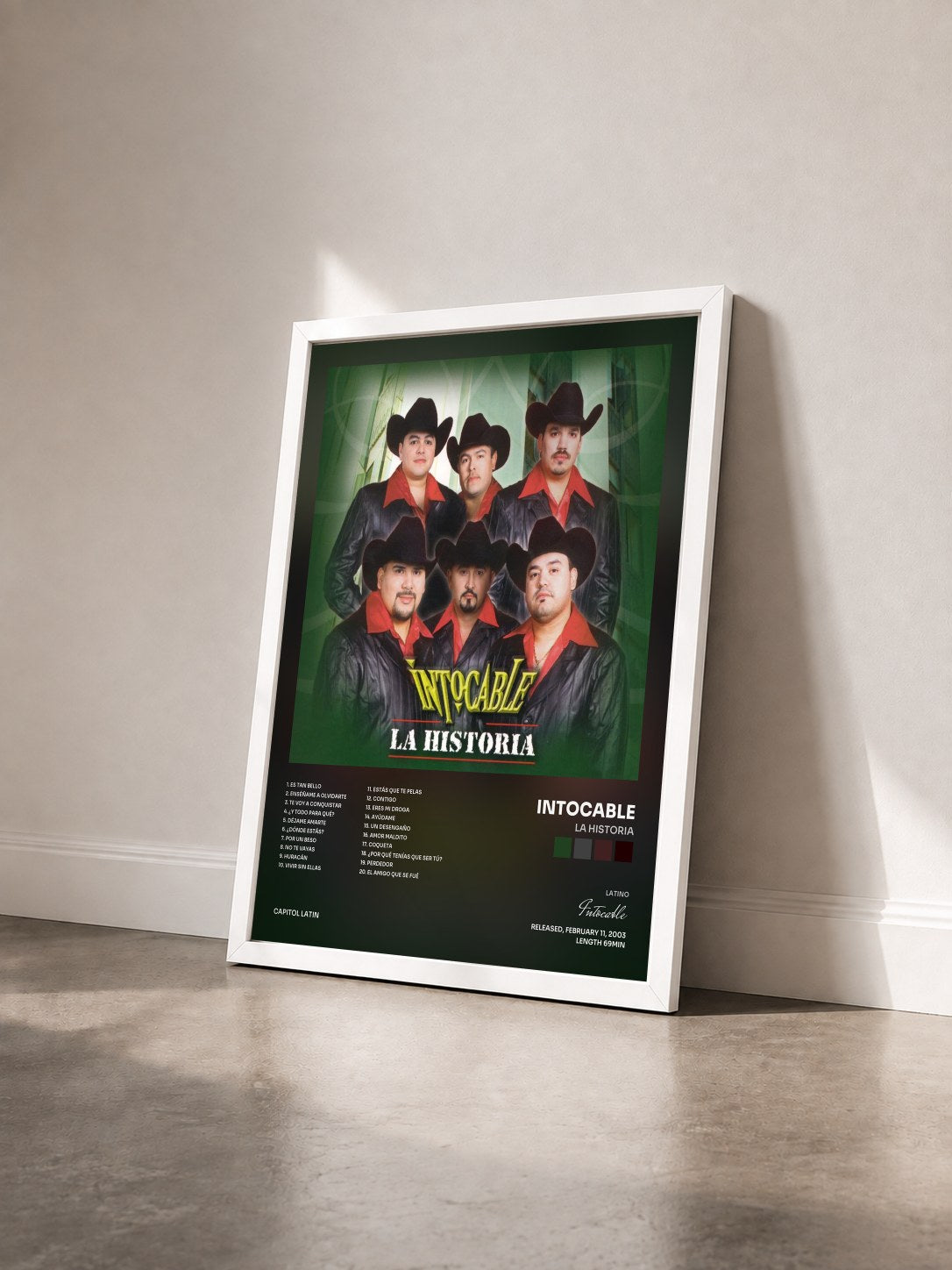 #blanc Tableau de l'album La Historia de Intocable vu de trois quarts, cadre blanc