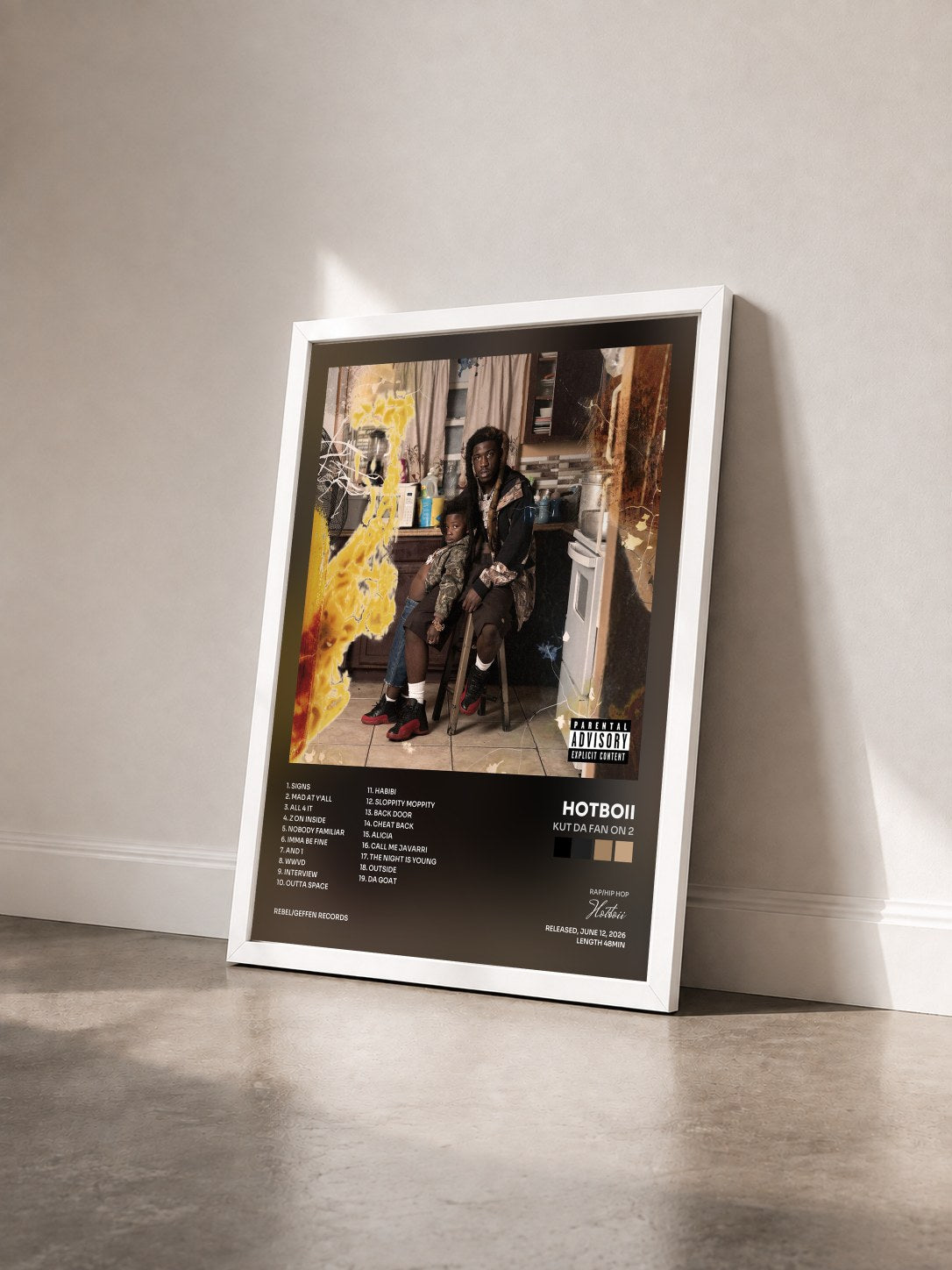 #blanc Tableau de l'album Kut Da Fan On 2 de Hotboii vu de trois quarts, cadre blanc