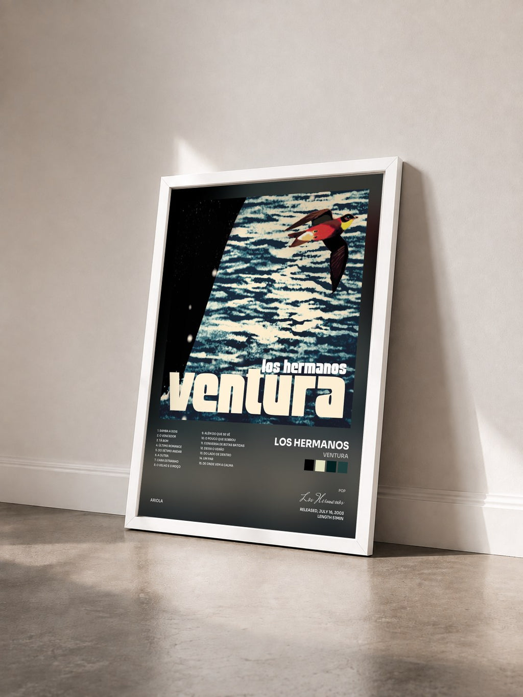 #blanc Tableau de l'album Ventura de Los Hermanos vu de trois quarts, cadre blanc