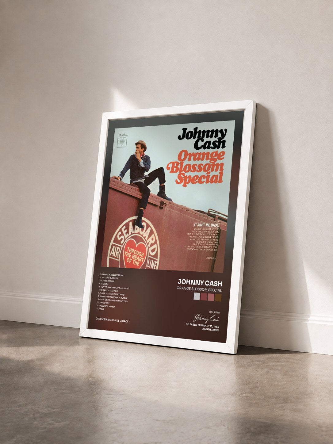 #blanc Tableau de l'album Orange Blossom Special de Johnny Cash vu de trois quarts, cadre blanc