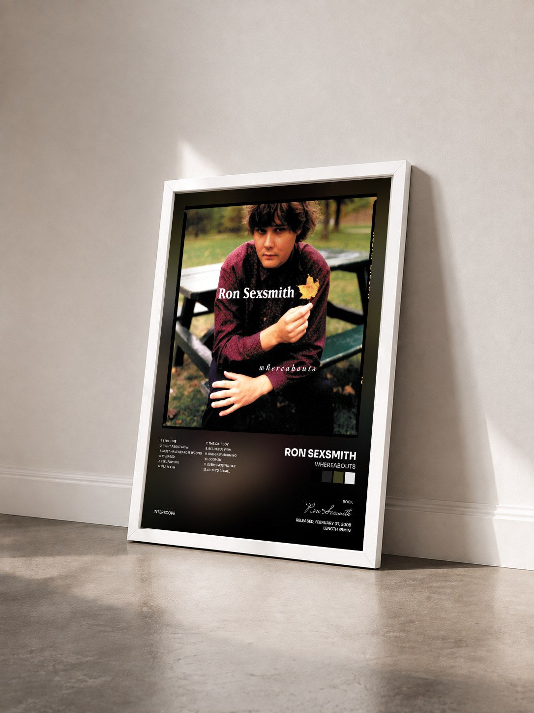 #blanc Tableau de l'album Whereabouts de Ron Sexsmith vu de trois quarts, cadre blanc