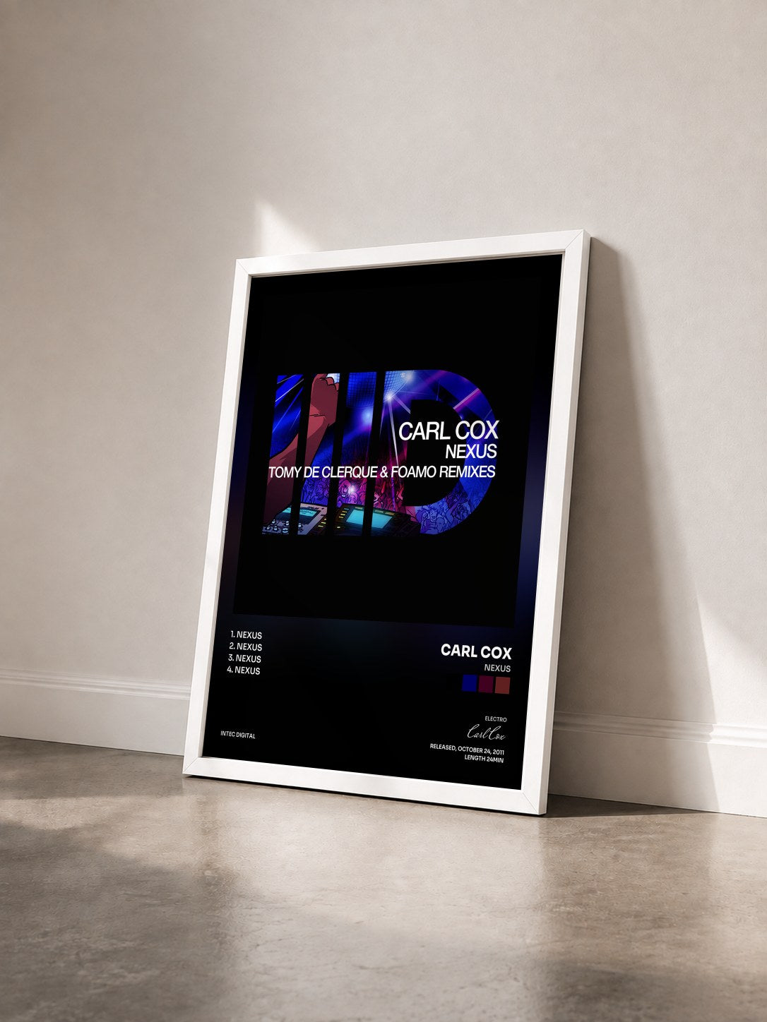 #blanc Tableau de l'album Nexus de Carl Cox vu de trois quarts, cadre blanc