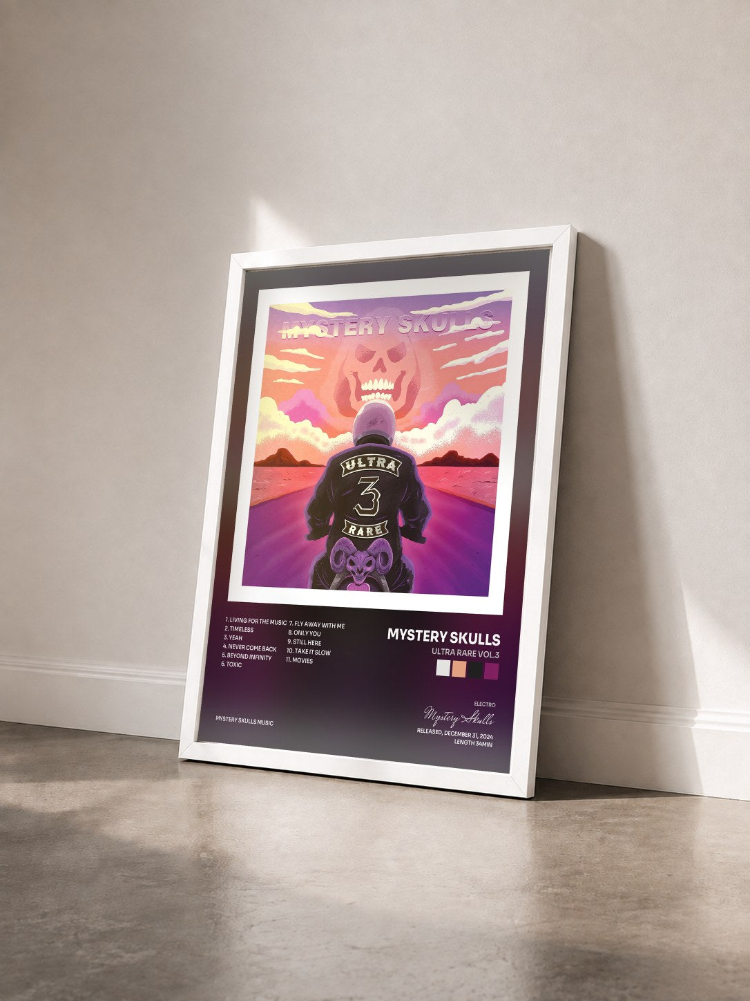 #blanc Tableau de l'album Ultra Rare Vol.3 de Mystery Skulls vu de trois quarts, cadre blanc