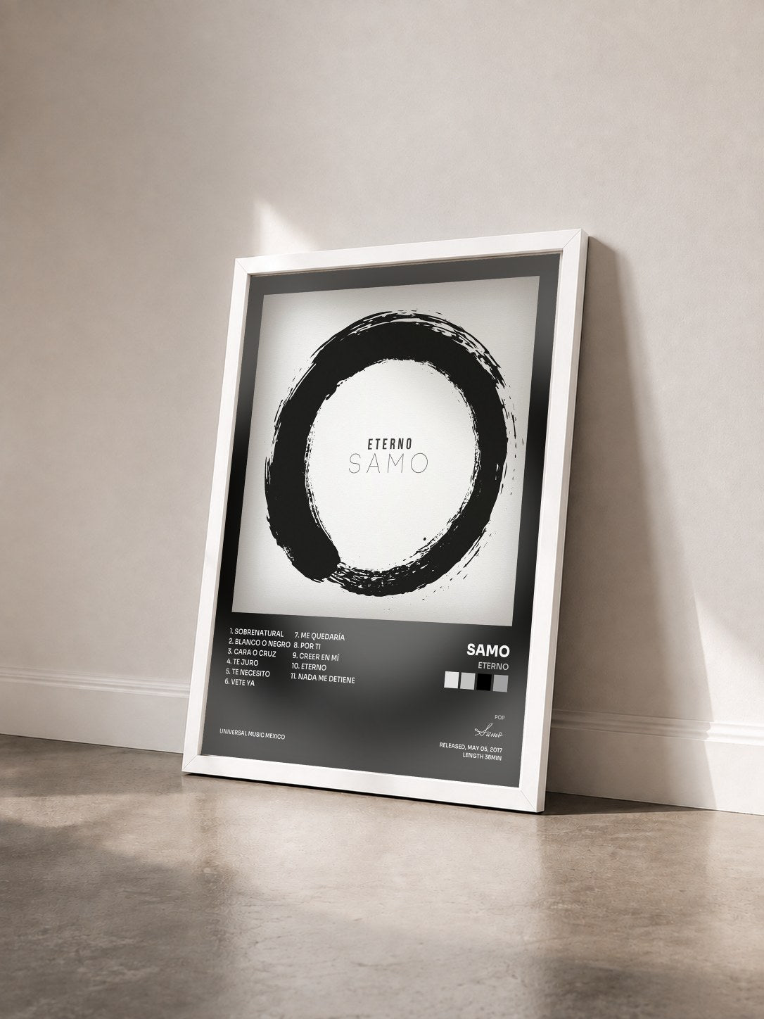 #blanc Tableau de l'album Eterno de Samo vu de trois quarts, cadre blanc