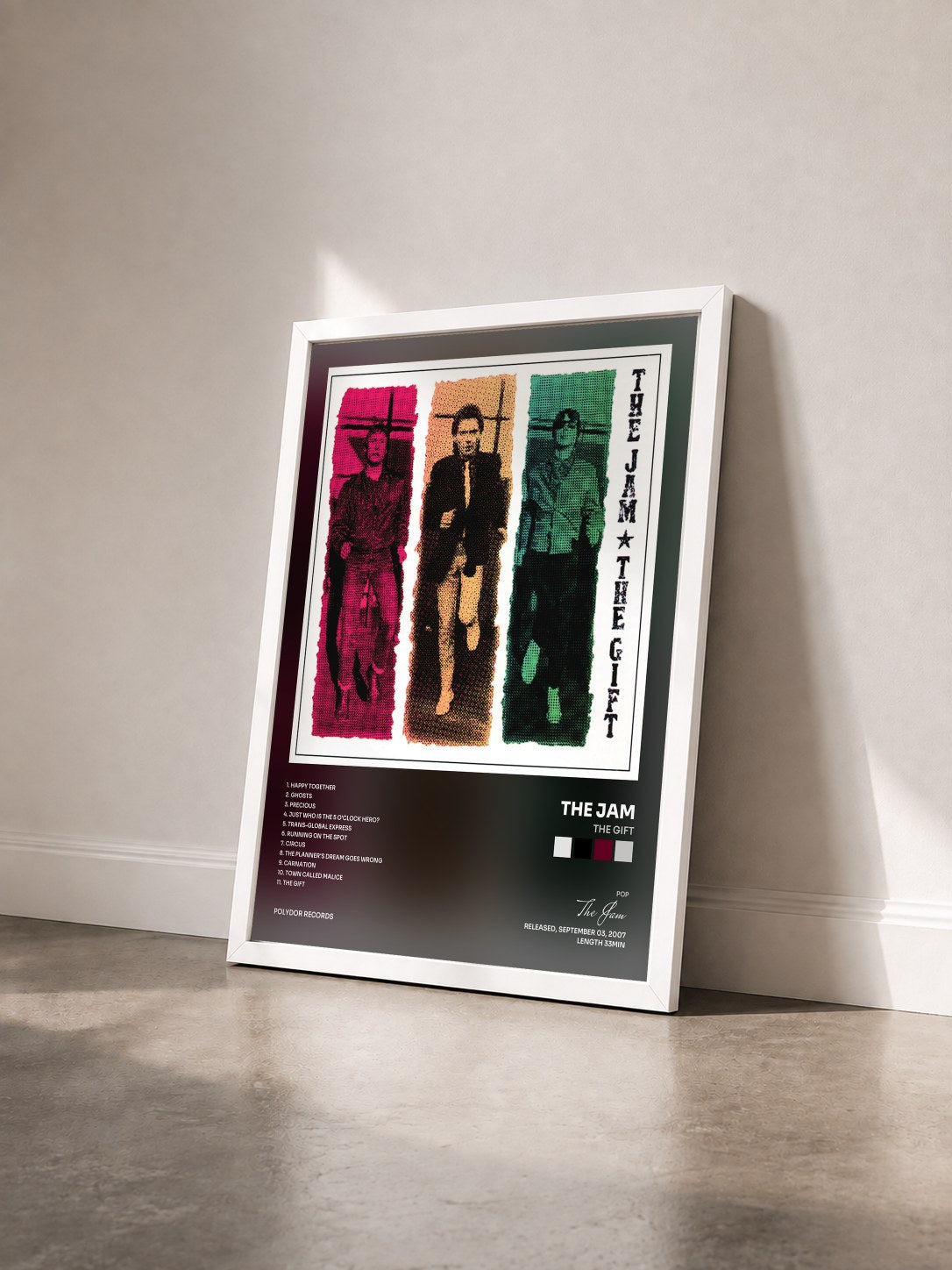 #blanc Tableau de l'album The Gift de The Jam vu de trois quarts, cadre blanc