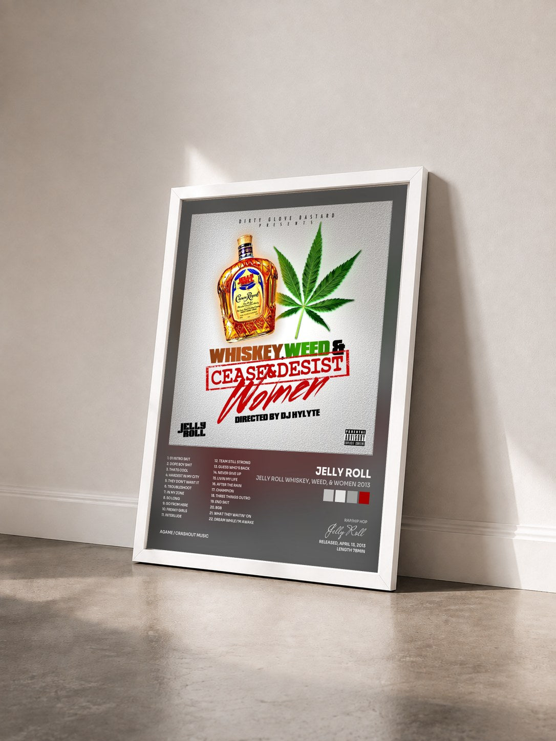 #blanc Tableau de l'album Jelly Roll Whiskey, Weed, & Women 2013 de Jelly Roll vu de trois quarts, cadre blanc
