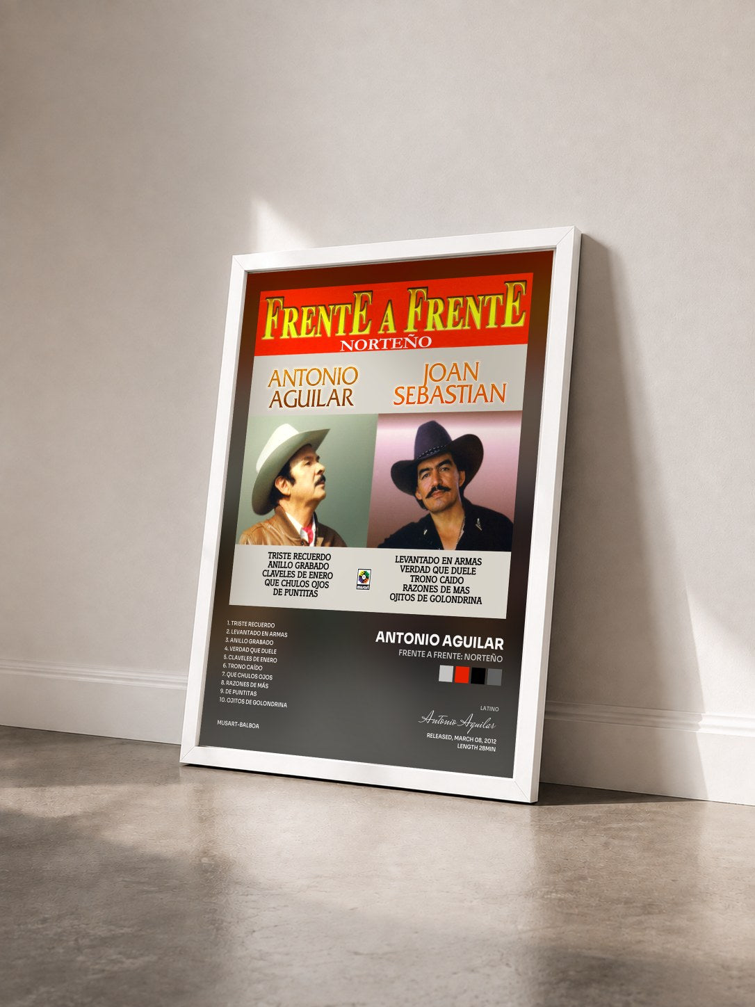 #blanc Tableau de l'album Frente A Frente: Norteño de Antonio Aguilar vu de trois quarts, cadre blanc