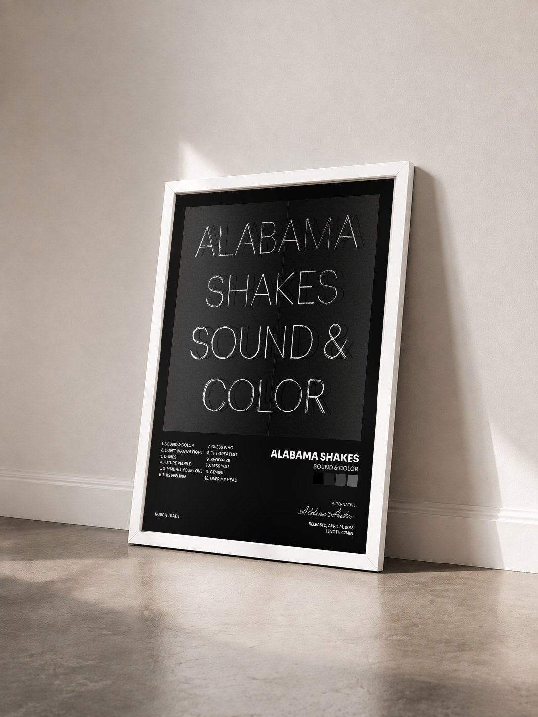 #blanc Tableau de l'album Sound & Color de Alabama Shakes vu de trois quarts, cadre blanc