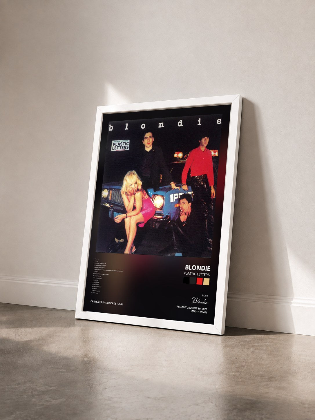 #blanc Tableau de l'album Plastic Letters de Blondie vu de trois quarts, cadre blanc