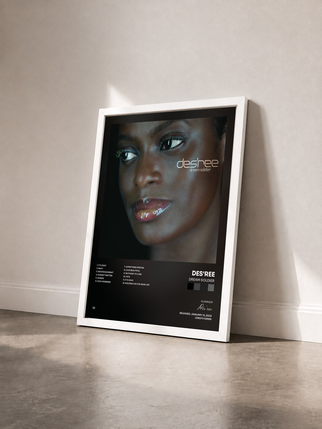 #blanc Tableau de l'album Dream Soldier de Des'ree vu de trois quarts, cadre blanc