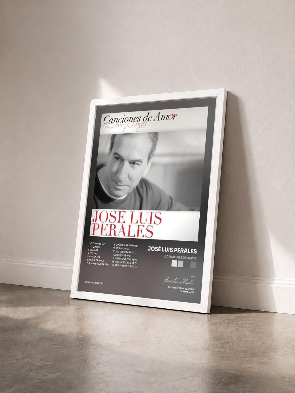 #blanc Canciones De Amor by José Luis Perales as a framed art print seen at an angle, white frame