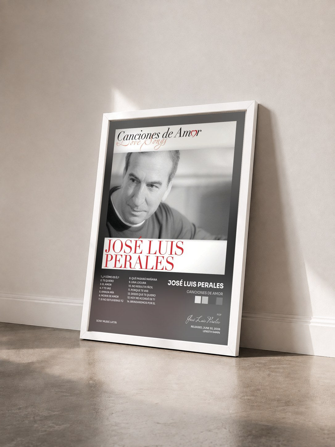 #blanc Tableau de l'album Canciones De Amor de José Luis Perales vu de trois quarts, cadre blanc