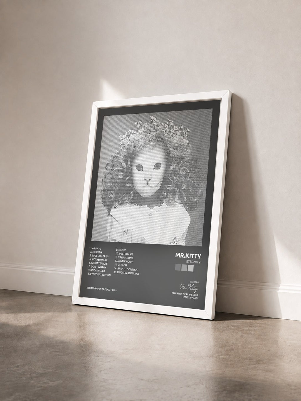 #blanc ETERNITY by Mr.Kitty as a framed art print seen at an angle, white frame