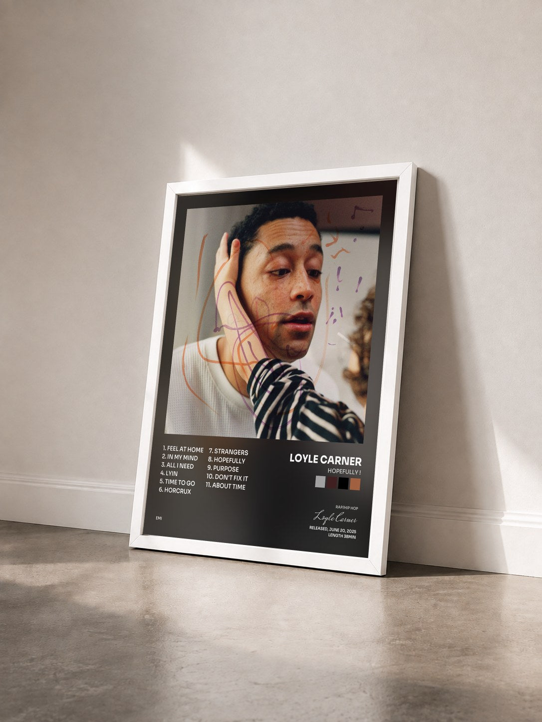 #blanc Tableau de l'album hopefully ! de Loyle Carner vu de trois quarts, cadre blanc