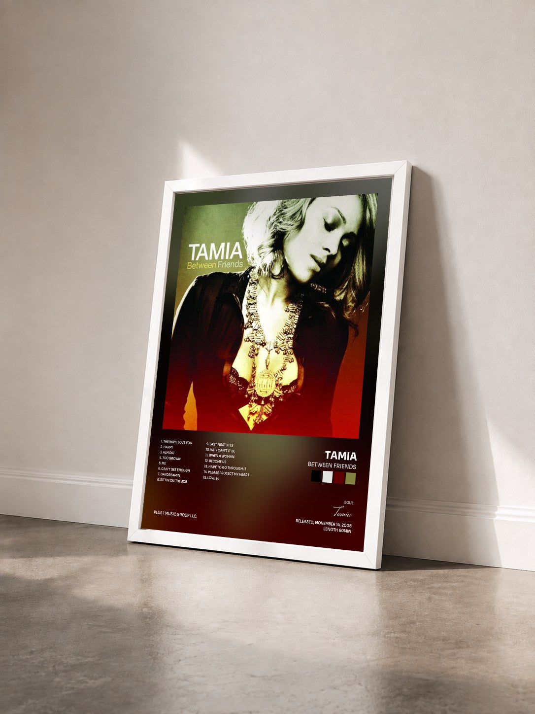 #blanc Tableau de l'album Between Friends de Tamia vu de trois quarts, cadre blanc
