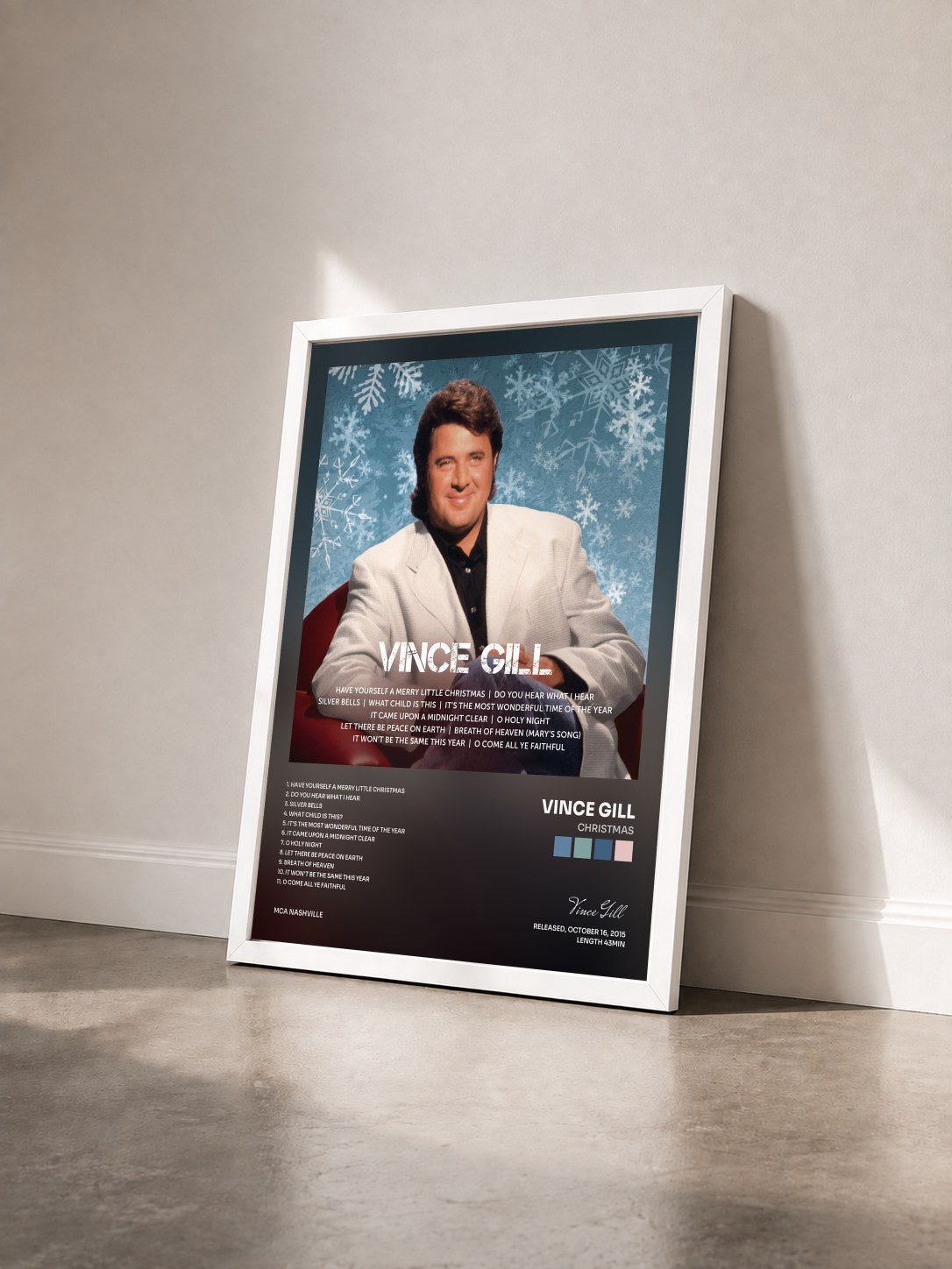 #blanc Tableau de l'album Christmas de Vince Gill vu de trois quarts, cadre blanc