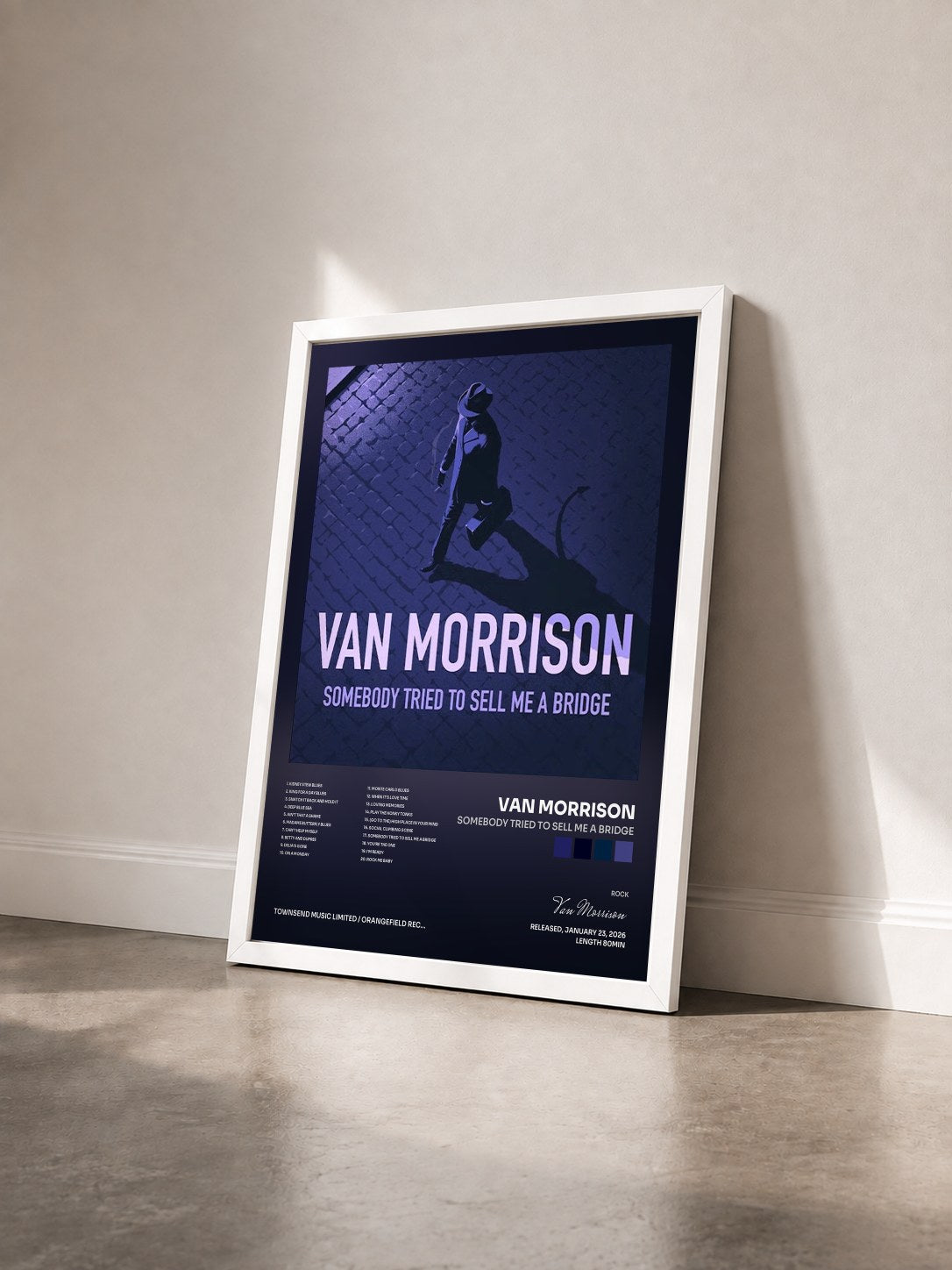 #blanc Tableau de l'album Somebody Tried To Sell Me A Bridge de Van Morrison vu de trois quarts, cadre blanc