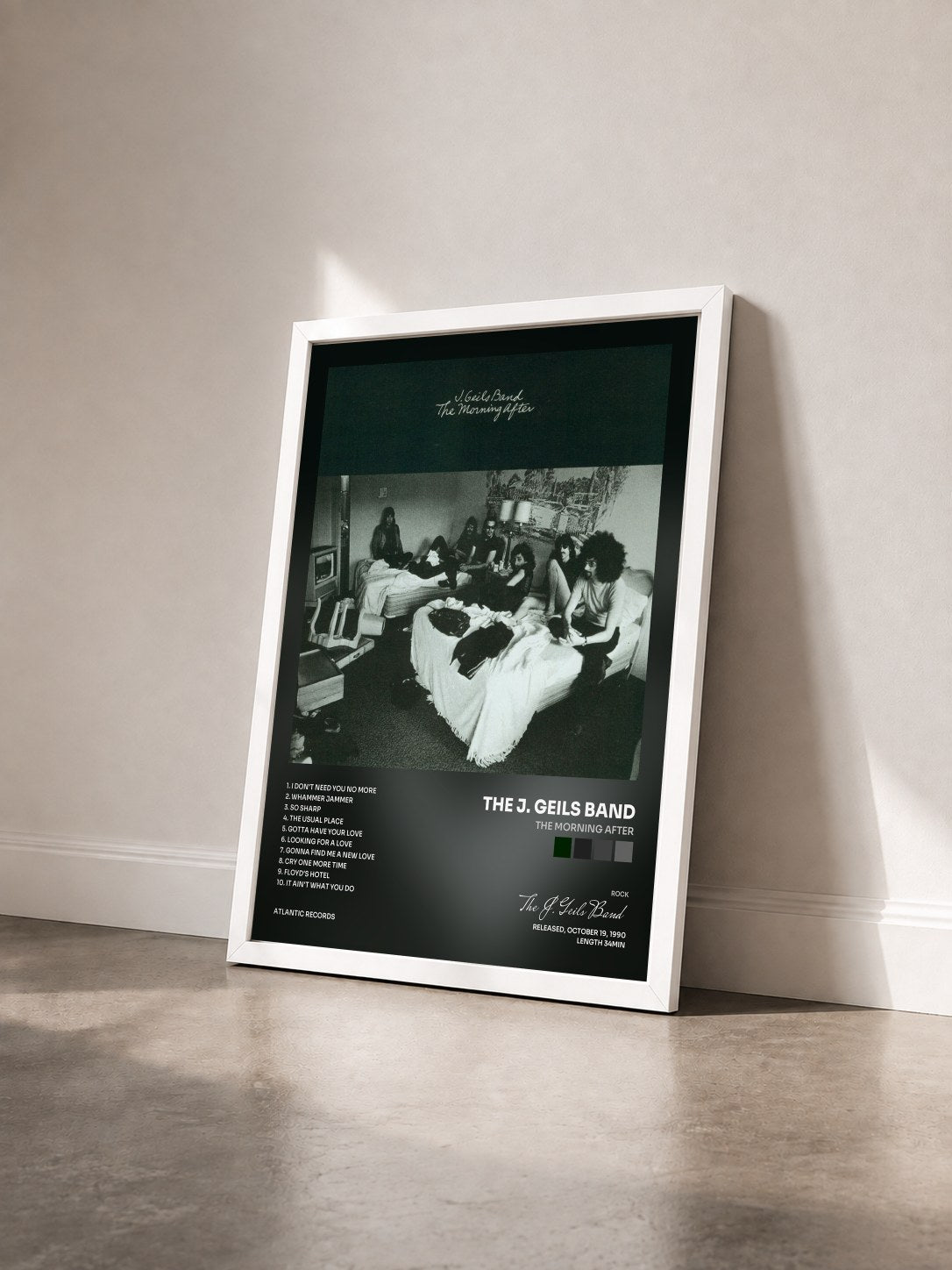 #blanc Tableau de l'album The Morning After de The J. Geils Band vu de trois quarts, cadre blanc