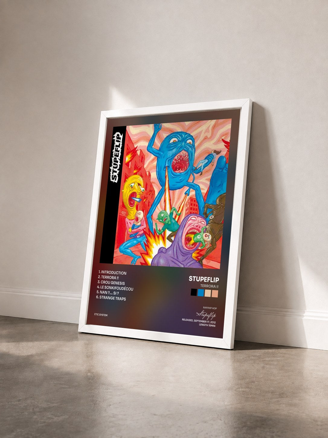 #blanc Tableau de l'album Terrora !! de Stupeflip vu de trois quarts, cadre blanc