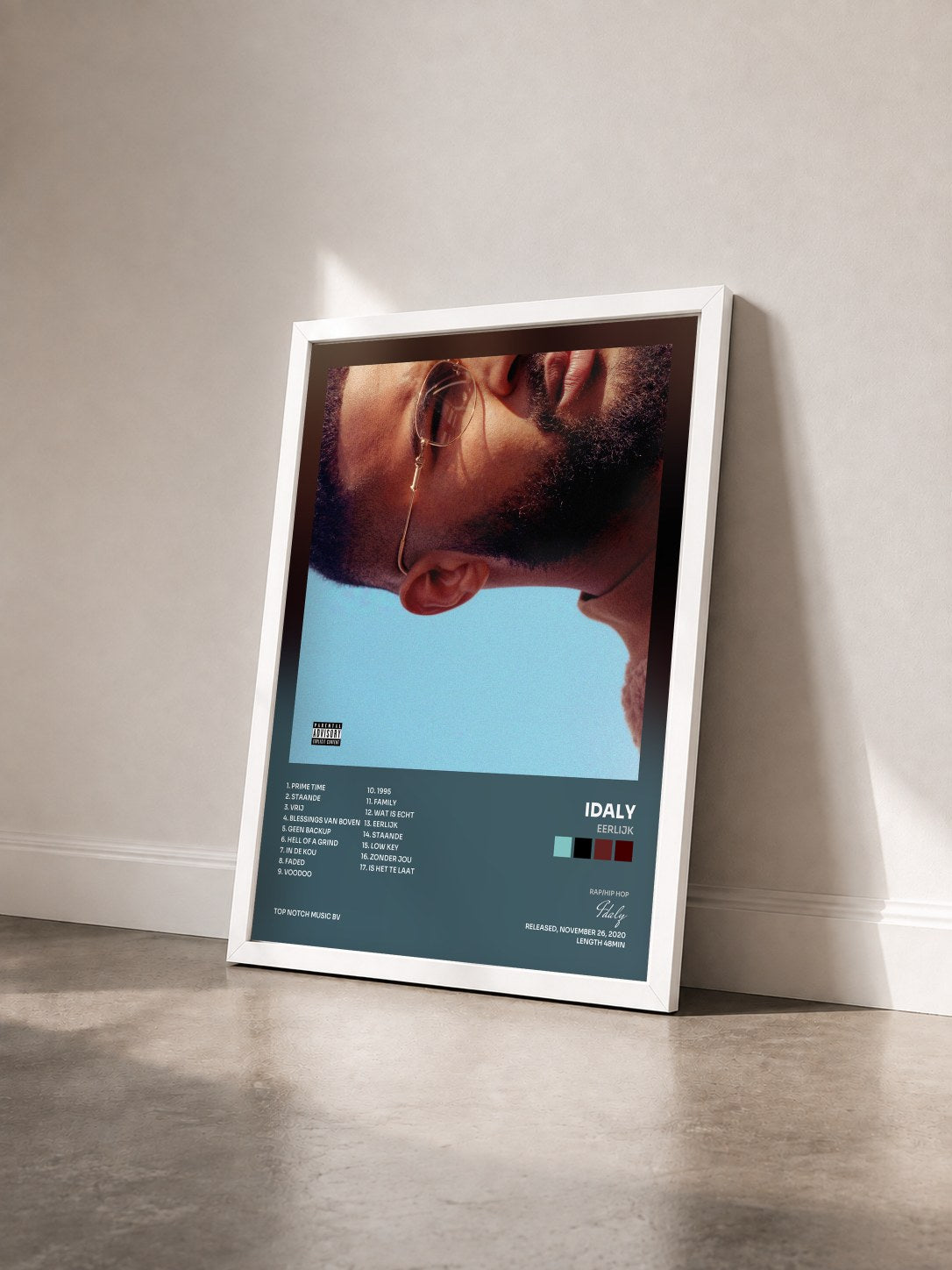 #blanc Tableau de l'album Eerlijk de Idaly vu de trois quarts, cadre blanc