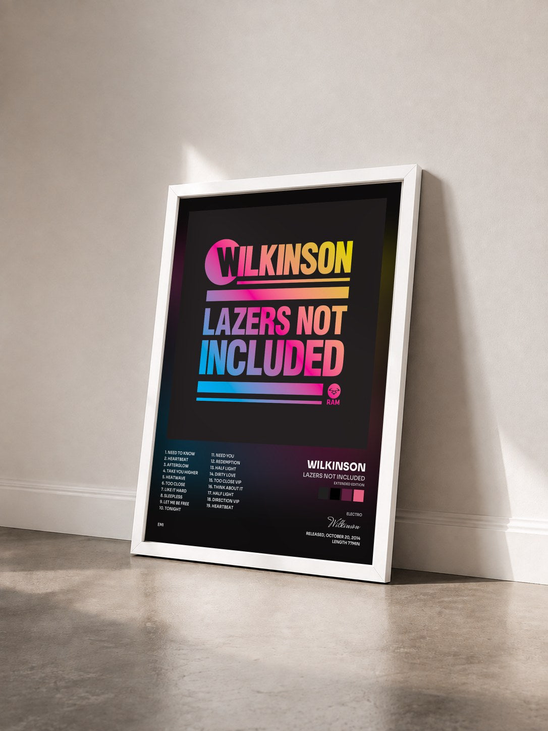 #blanc Tableau de l'album Lazers Not Included (Extended Edition) de Wilkinson vu de trois quarts, cadre blanc