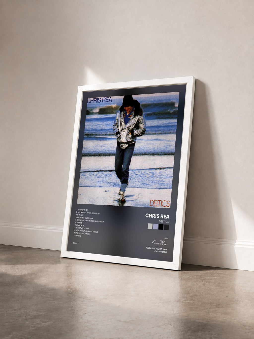 #blanc Deltics by Chris Rea as a framed art print seen at an angle, white frame
