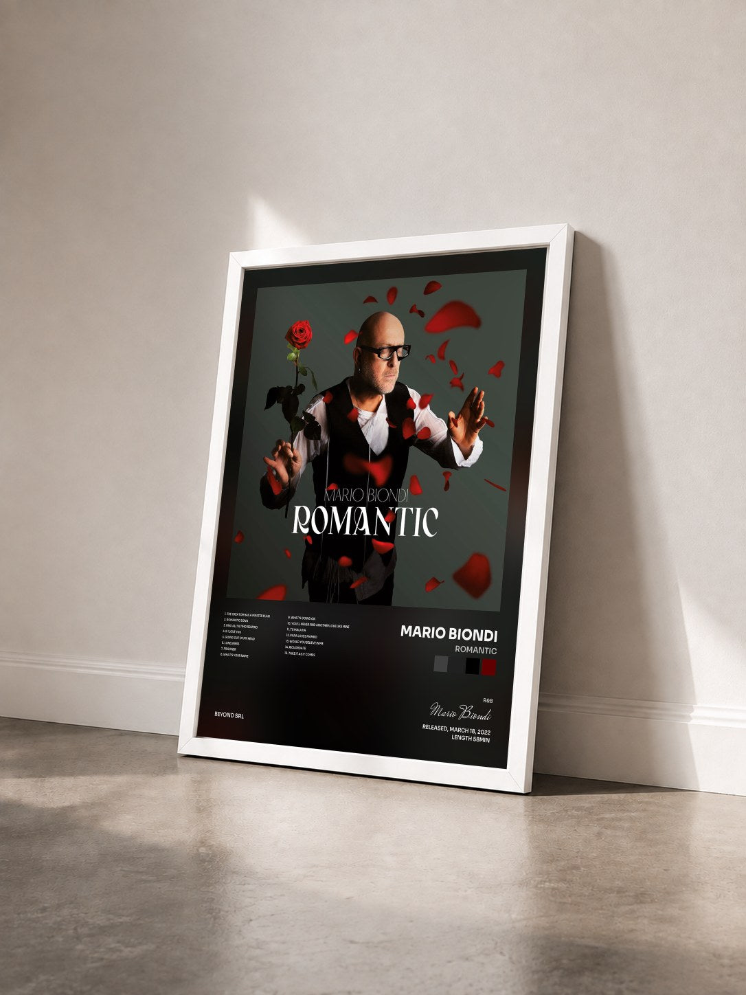 #blanc Tableau de l'album Romantic de Mario Biondi vu de trois quarts, cadre blanc