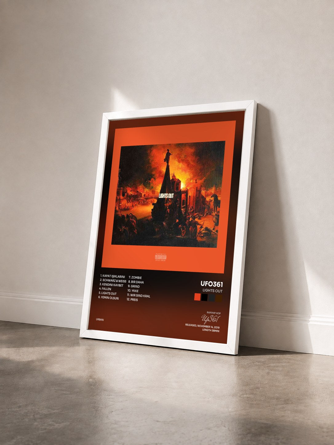 #blanc Tableau de l'album Lights Out de Ufo361 vu de trois quarts, cadre blanc