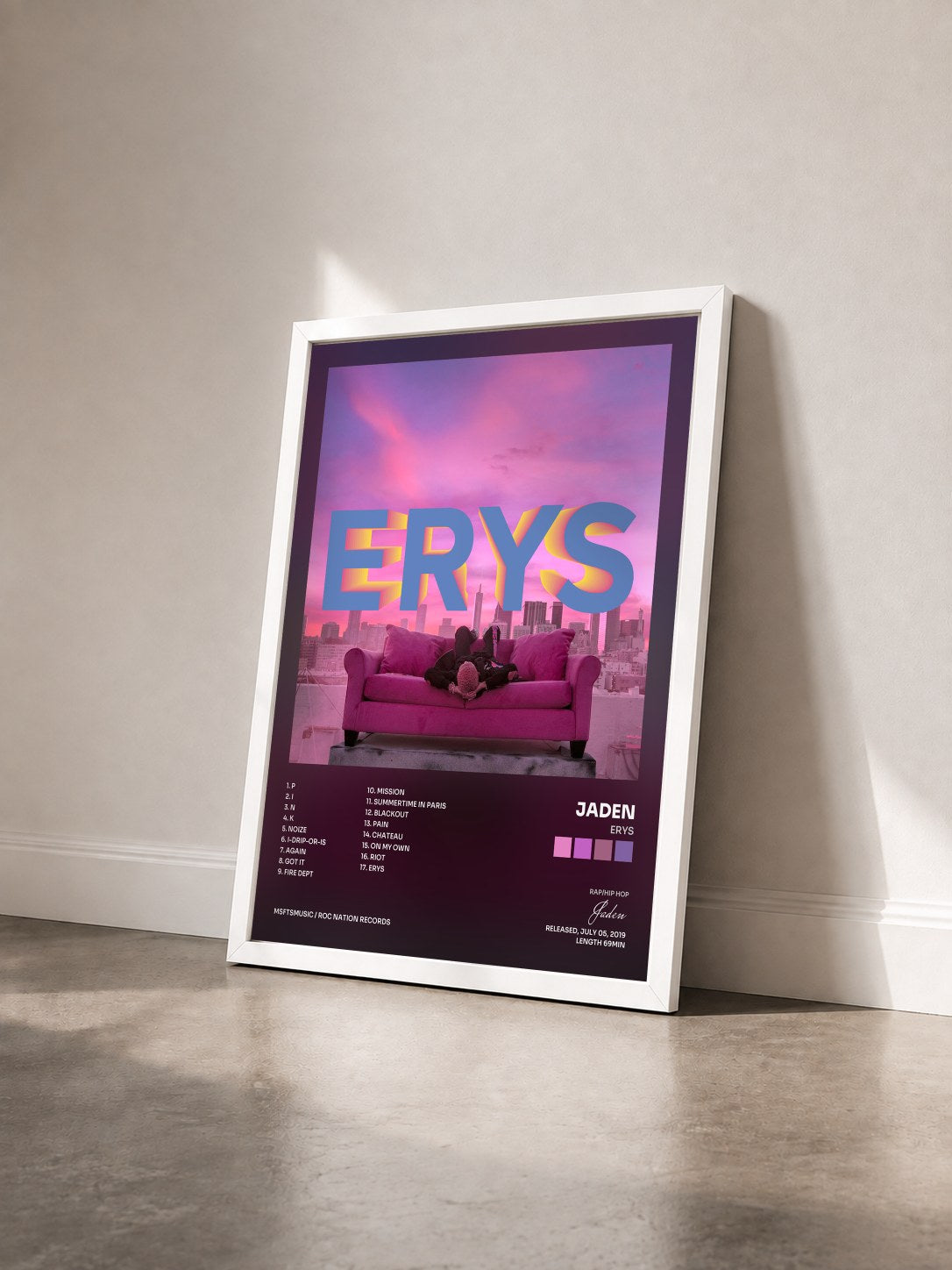 #blanc Tableau de l'album ERYS de Jaden vu de trois quarts, cadre blanc