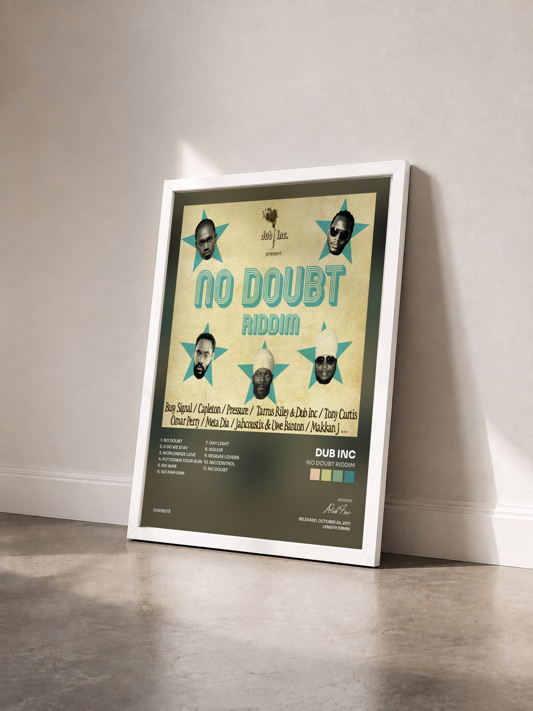 #blanc Tableau de l'album No Doubt Riddim de Dub Inc vu de trois quarts, cadre blanc