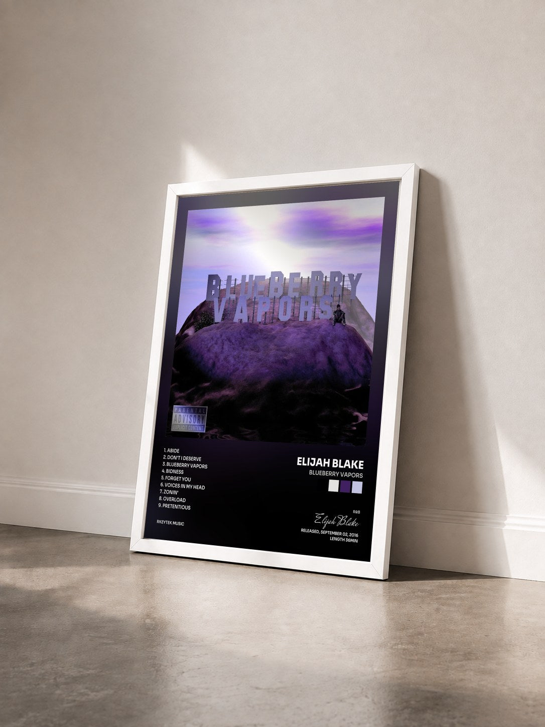#blanc Tableau de l'album Blueberry Vapors de Elijah Blake vu de trois quarts, cadre blanc