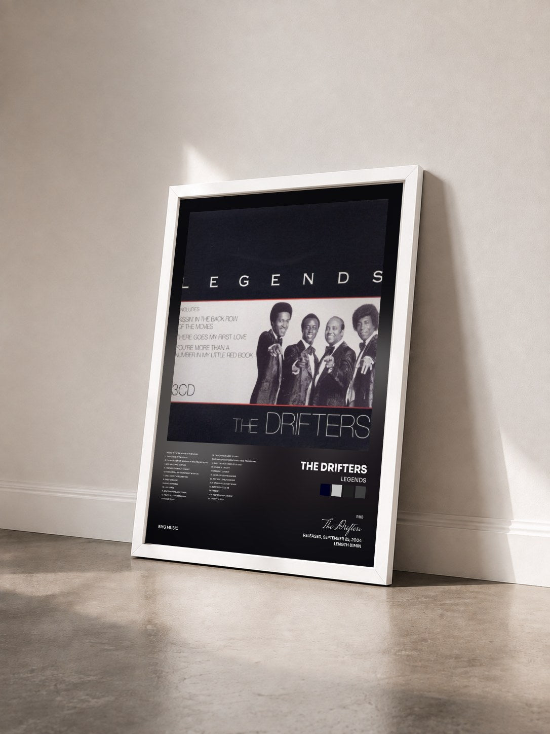 #blanc Tableau de l'album Legends de The Drifters vu de trois quarts, cadre blanc