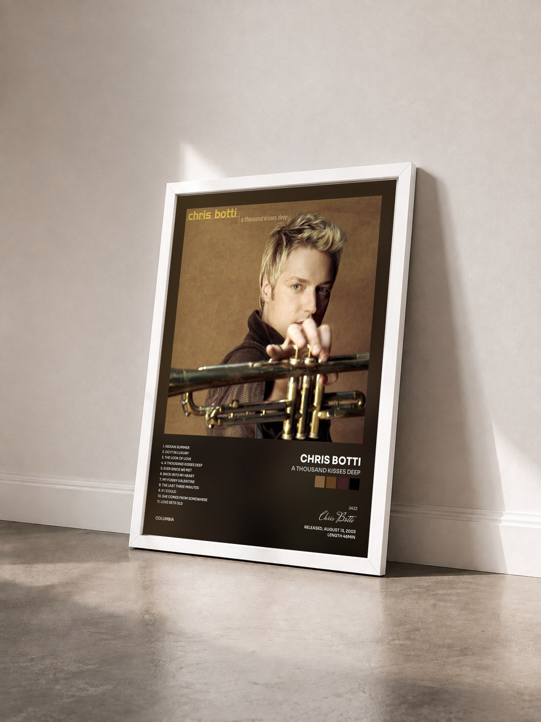 #blanc Tableau de l'album A Thousand Kisses Deep de Chris Botti vu de trois quarts, cadre blanc