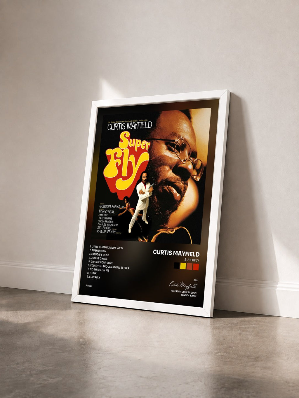 #blanc Tableau de l'album Superfly de Curtis Mayfield vu de trois quarts, cadre blanc