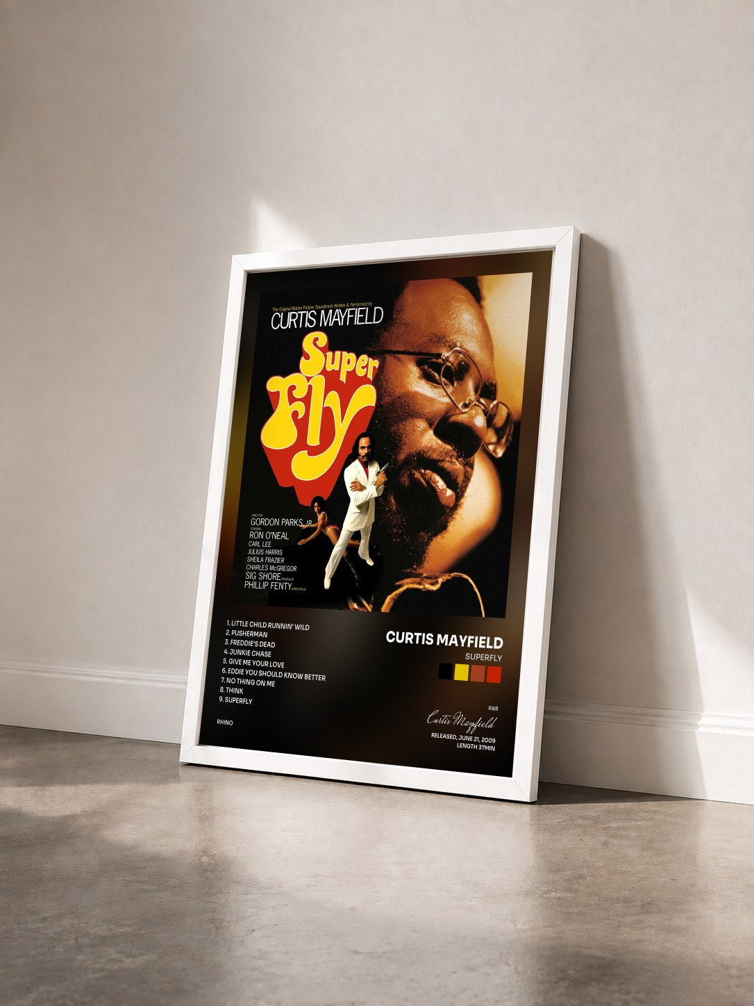 #blanc Tableau de l'album Superfly de Curtis Mayfield vu de trois quarts, cadre blanc